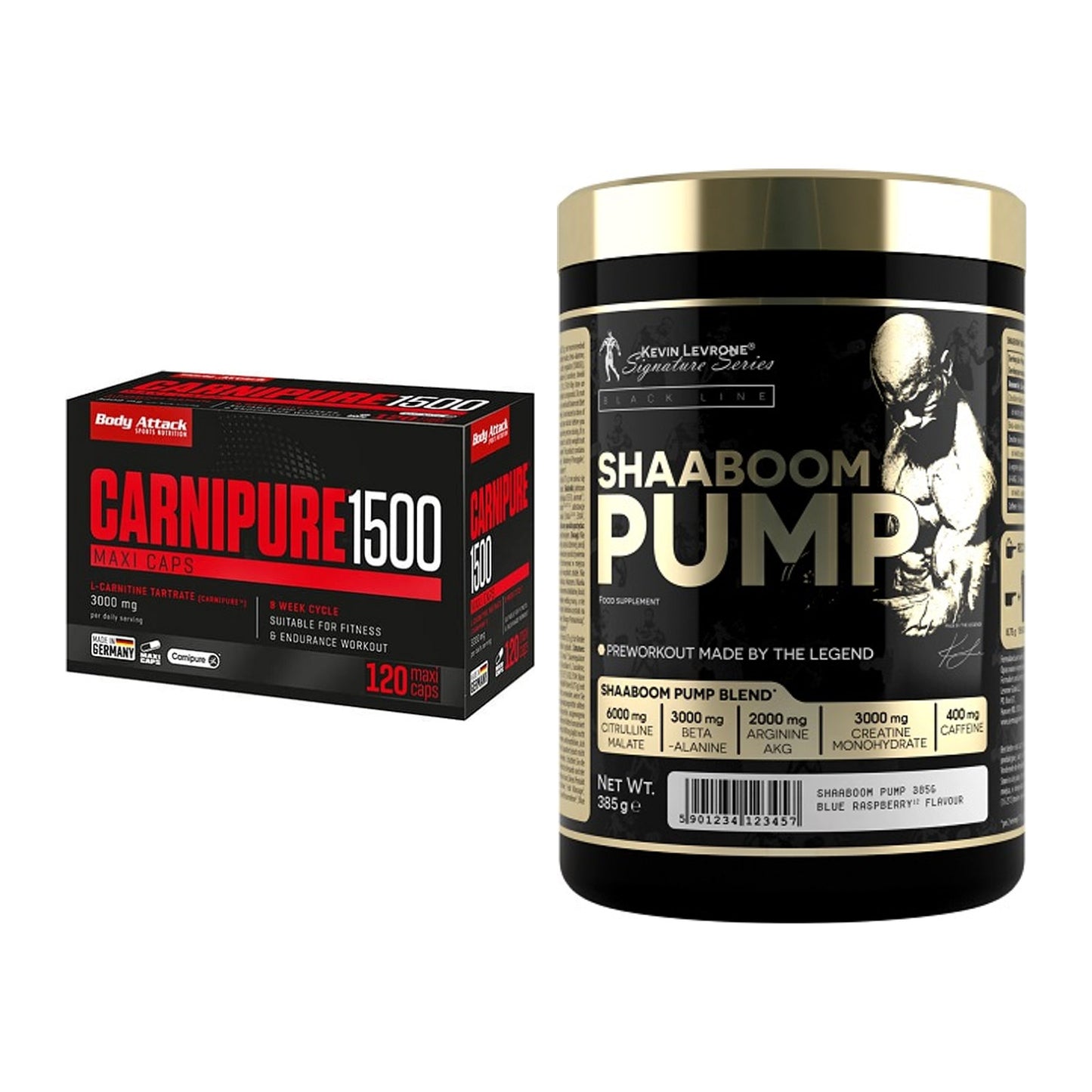 Cardio-Duo: Body Attack Carnipure 1500 + Kevin Levrone Shaaboom Pump – alle enthaltenen Artikel