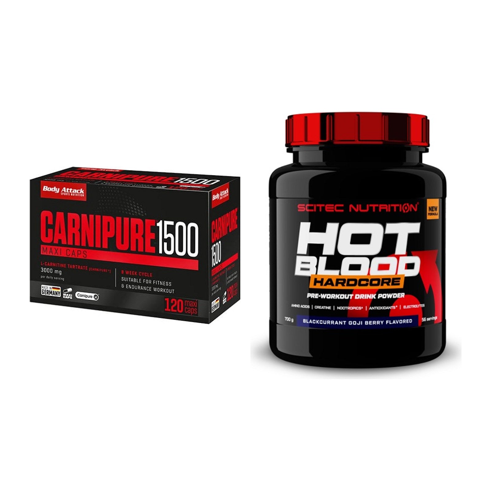 Cardio-Duo: Body Attack Carnipure 1500 + Scitec Hot Blood Hardcore – alle enthaltenen Artikel
