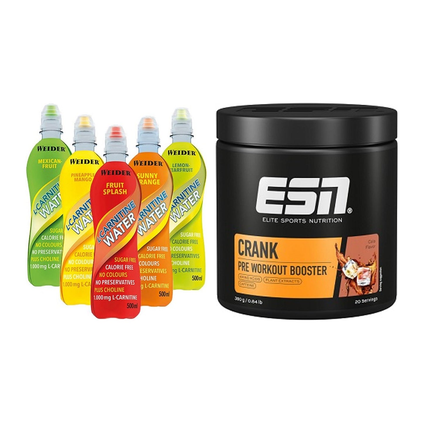 Cardio-Duo: Weider L-Carnitine WATER + ESN Crank Booster – alle enthaltenen Artikel