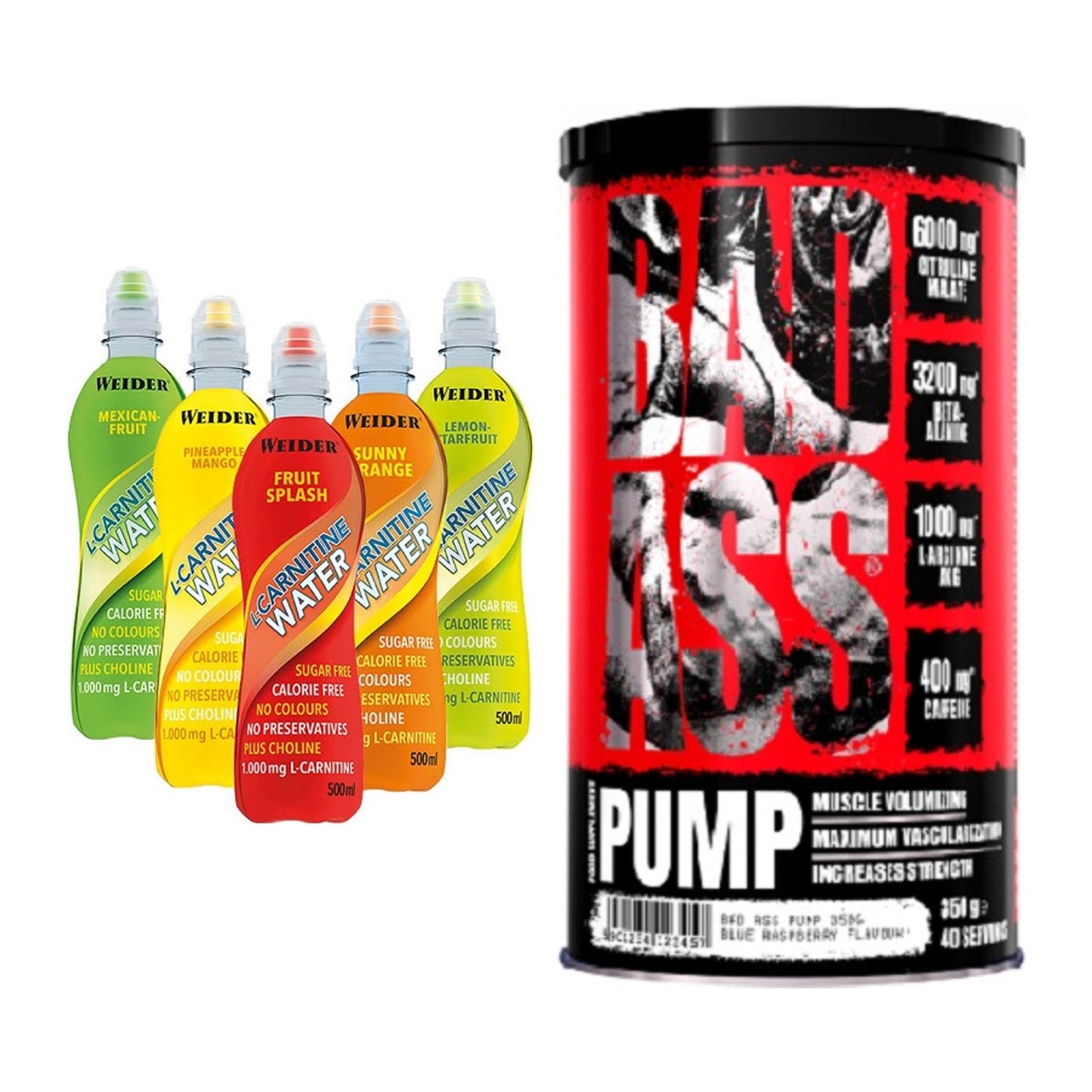 Cardio-Duo: Weider L-Carnitine WATER + BAD ASS Pump – alle enthaltenen Artikel