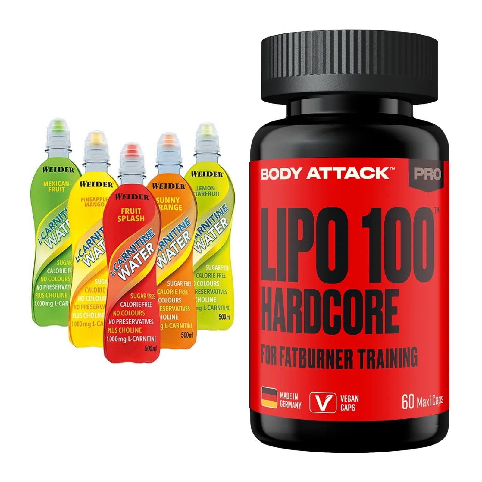 Cardio-Duo: Weider L-Carnitine WATER + Body Attack LIPO 100-HARDCORE – alle enthaltenen Artikel