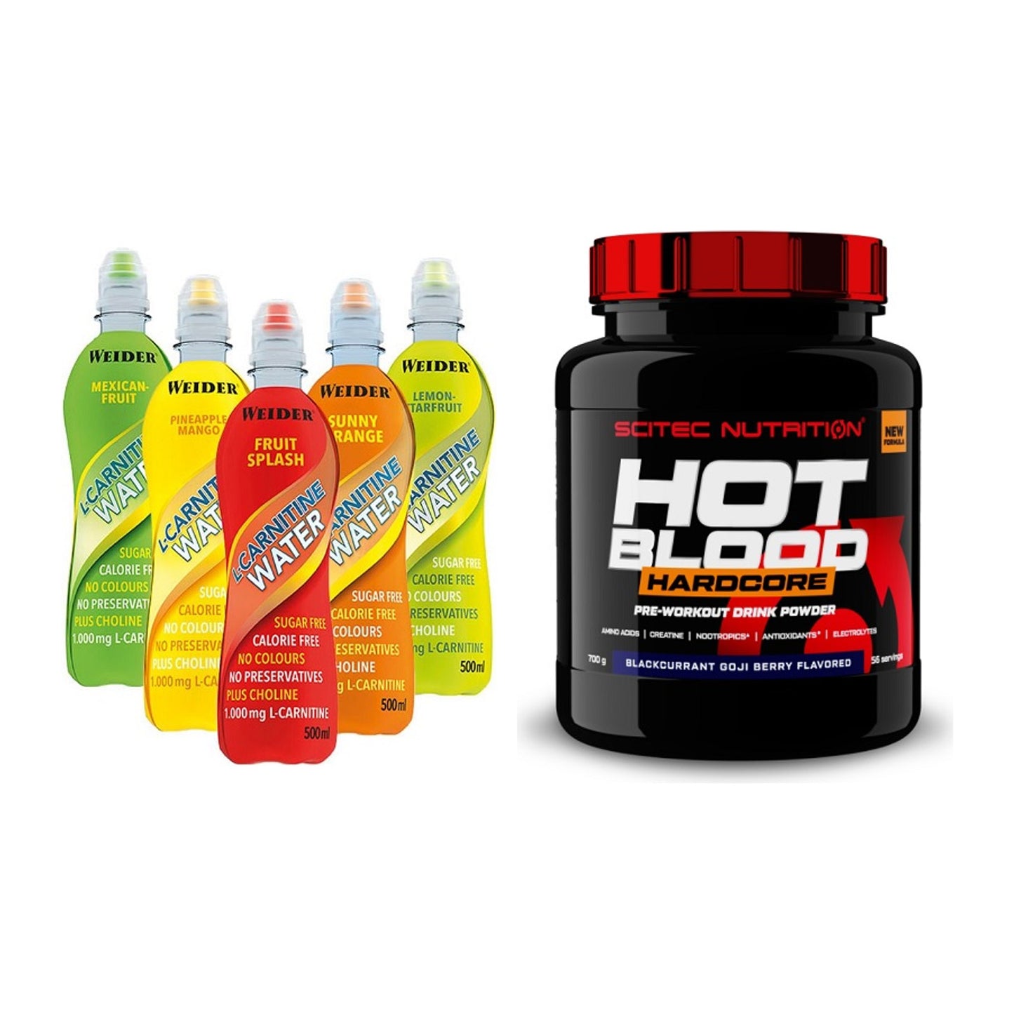 Cardio-Duo: Weider L-Carnitine WATER + Scitec Hot Blood Hardcore – alle enthaltenen Artikel