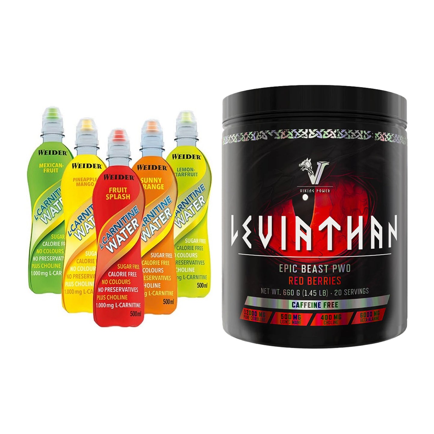 Cardio-Duo: Weider L-Carnitine WATER + Viking Power Leviathan Hardcore – alle enthaltenen Artikel