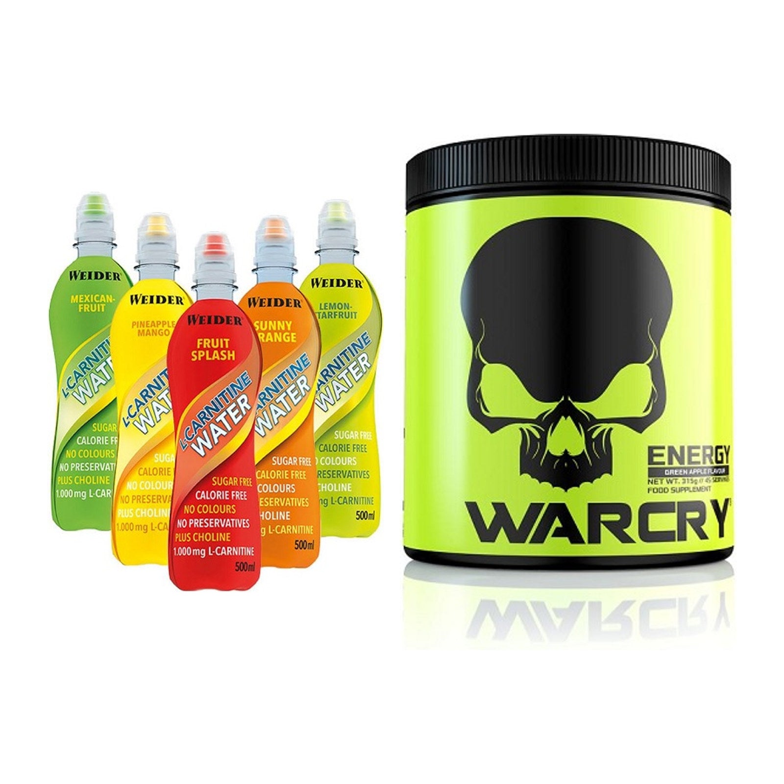 Cardio-Duo: Weider L-Carnitine WATER + Genius Nutrition Warcry Energy – alle enthaltenen Artikel