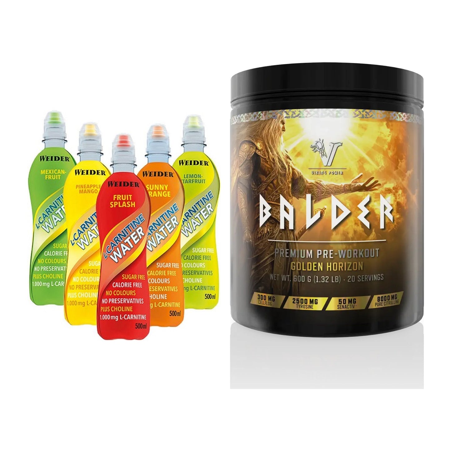 Cardio-Duo: Weider L-Carnitine WATER + Viking Power Balder PWO – alle enthaltenen Artikel