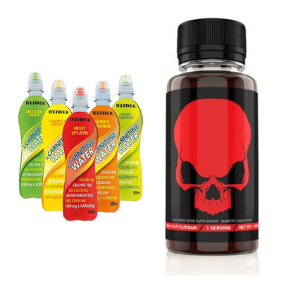 Cardio-Duo: Weider L-Carnitine WATER + Genius Nutrition Warcry Liquid – alle enthaltenen Artikel