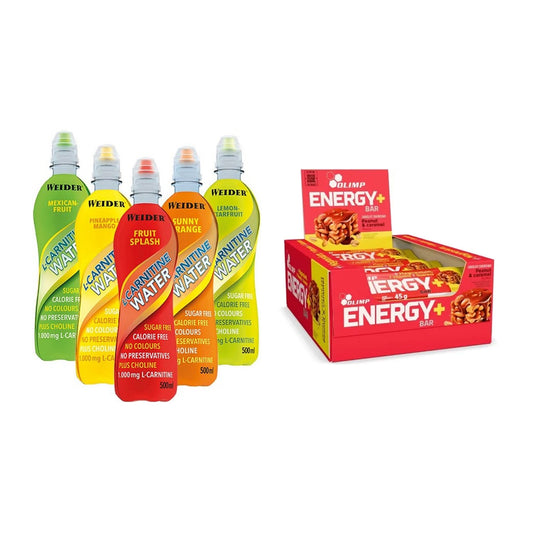 Cardio-Duo: Weider L-Carnitine WATER + Olimp Energy+ Bar – alle enthaltenen Artikel