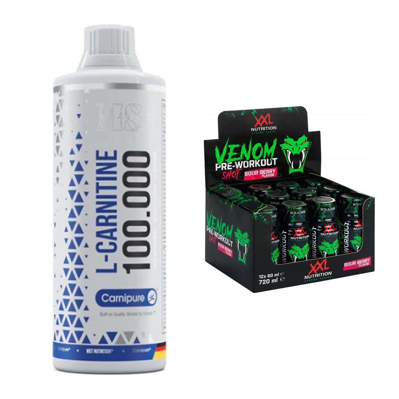 Cardio-Duo: MST L-Carnitine Carnipure + XXL Nutrition Venom Shot – alle enthaltenen Artikel