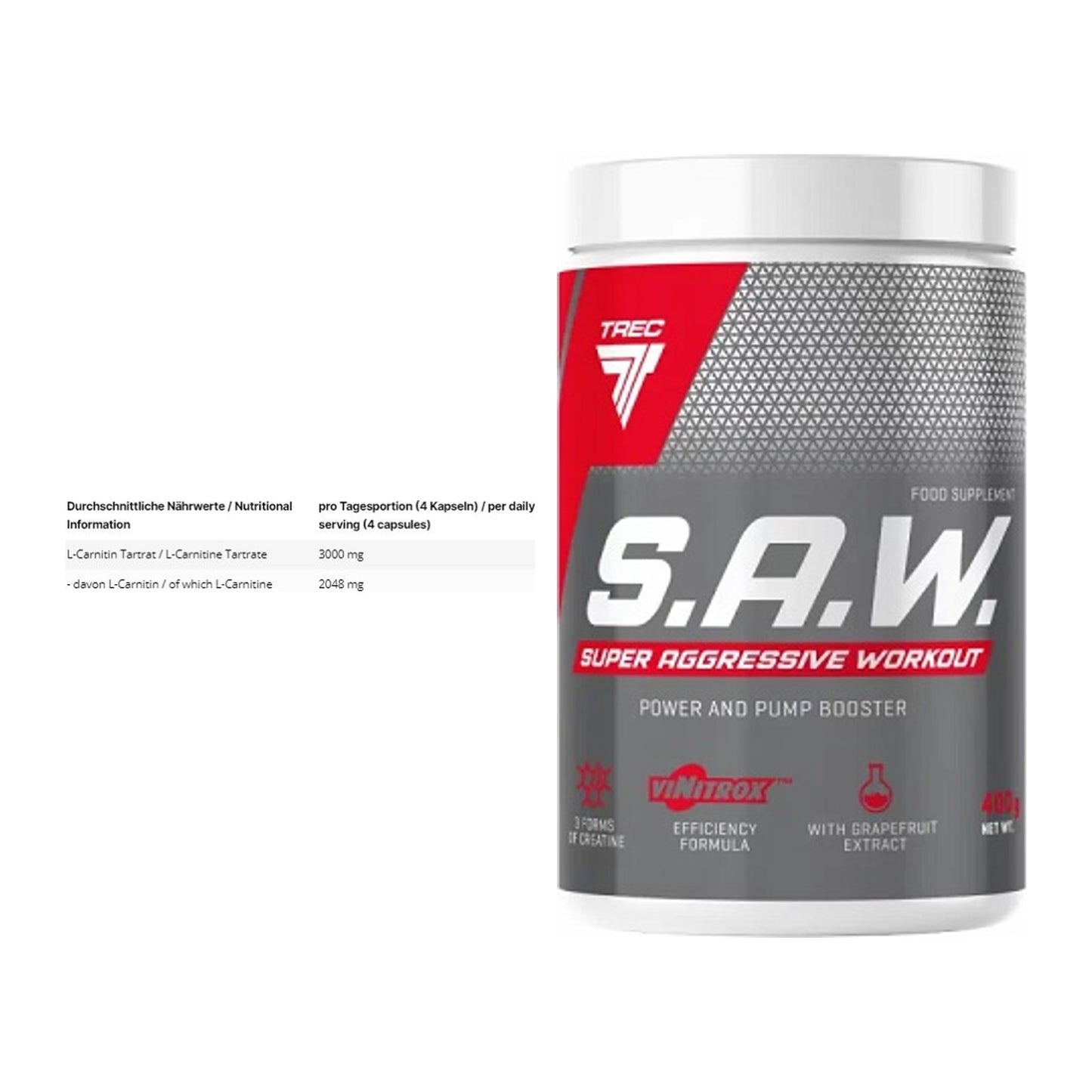 Cardio-Duo: INLEAD L-Carnitine Tartrate + Trec Nutrition SAW Booster – alle enthaltenen Artikel