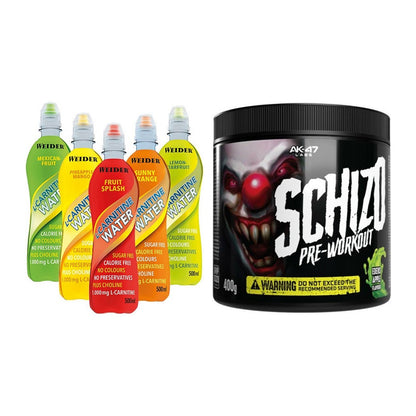 Cardio-Duo: Weider L-Carnitine WATER + AK47 Labs Schizo Pre-Workout – alle enthaltenen Artikel