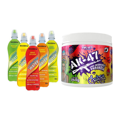 Cardio-Duo: Weider L-Carnitine WATER + AK47 Labs Pre-Workout Paranoia – alle enthaltenen Artikel