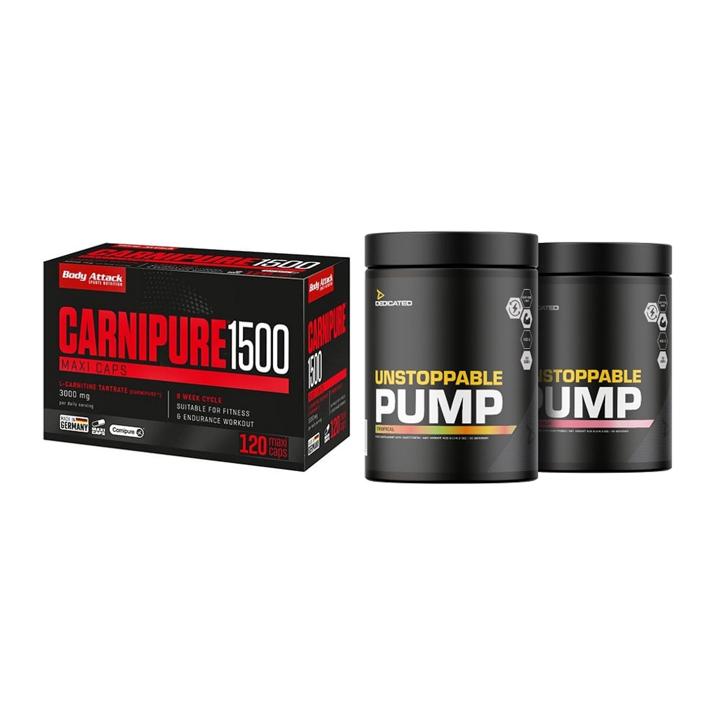 Cardio-Duo: Body Attack Carnipure 1500 + Dedicated Unstoppable Pump – alle enthaltenen Artikel