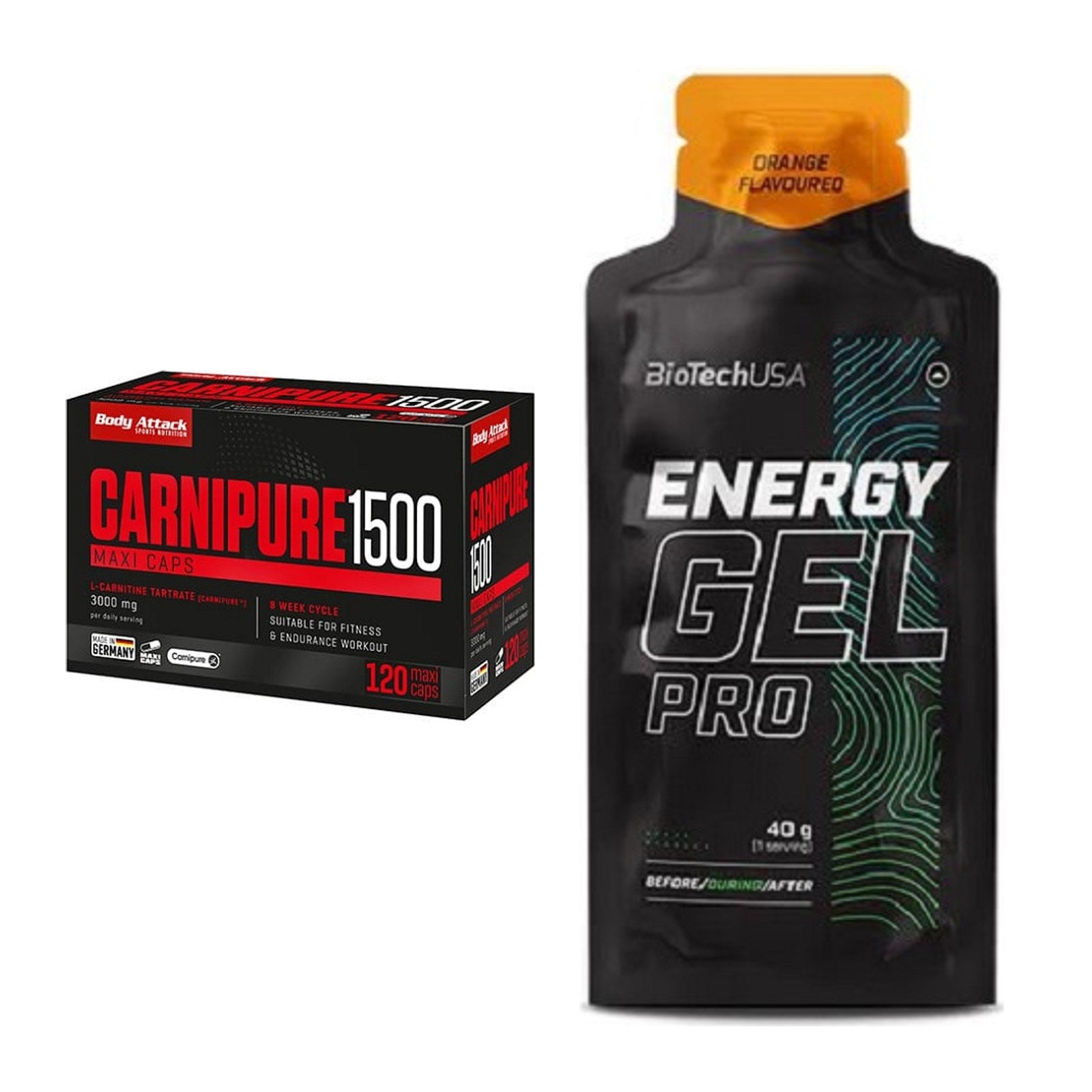 Cardio-Duo: Body Attack Carnipure 1500 + BioTech Energy Gel Pro – alle enthaltenen Artikel