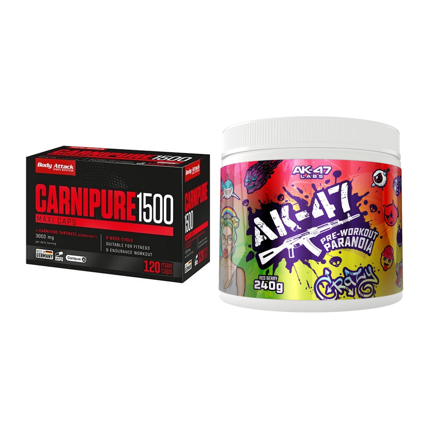 Cardio-Duo: Body Attack Carnipure 1500 + AK47 Labs Pre-Workout – alle enthaltenen Artikel
