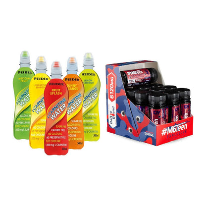 Cardio-Duo: Weider L-Carnitine WATER + DY Nutrition M6Teen Prewokrout – alle enthaltenen Artikel