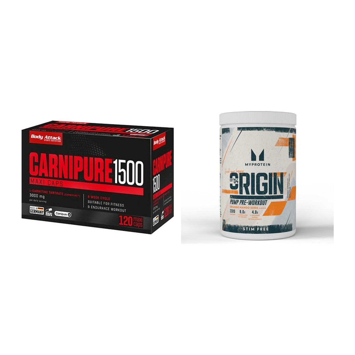 Cardio-Duo: Body Attack Carnipure 1500 + MyProtein Origin Pump – alle enthaltenen Artikel