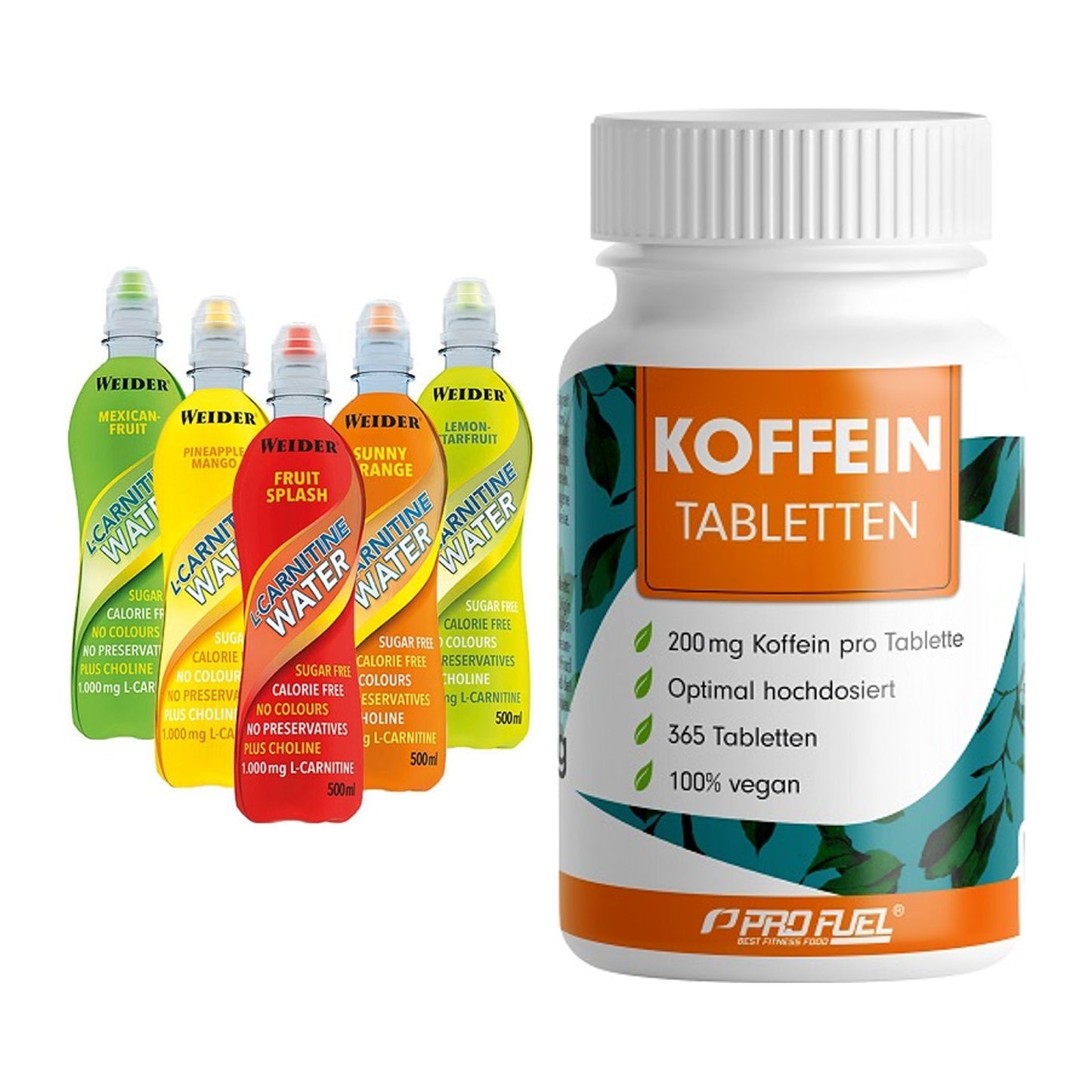 Cardio-Duo: Weider L-Carnitine WATER + ProFuel Koffein (200mg) – alle enthaltenen Artikel