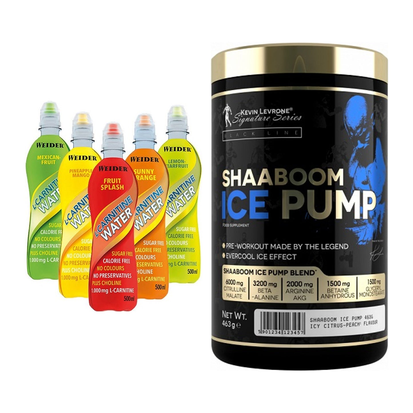 Cardio-Duo: Weider L-Carnitine WATER + Kevin Levrone Shaaboom Ice Pump – alle enthaltenen Artikel