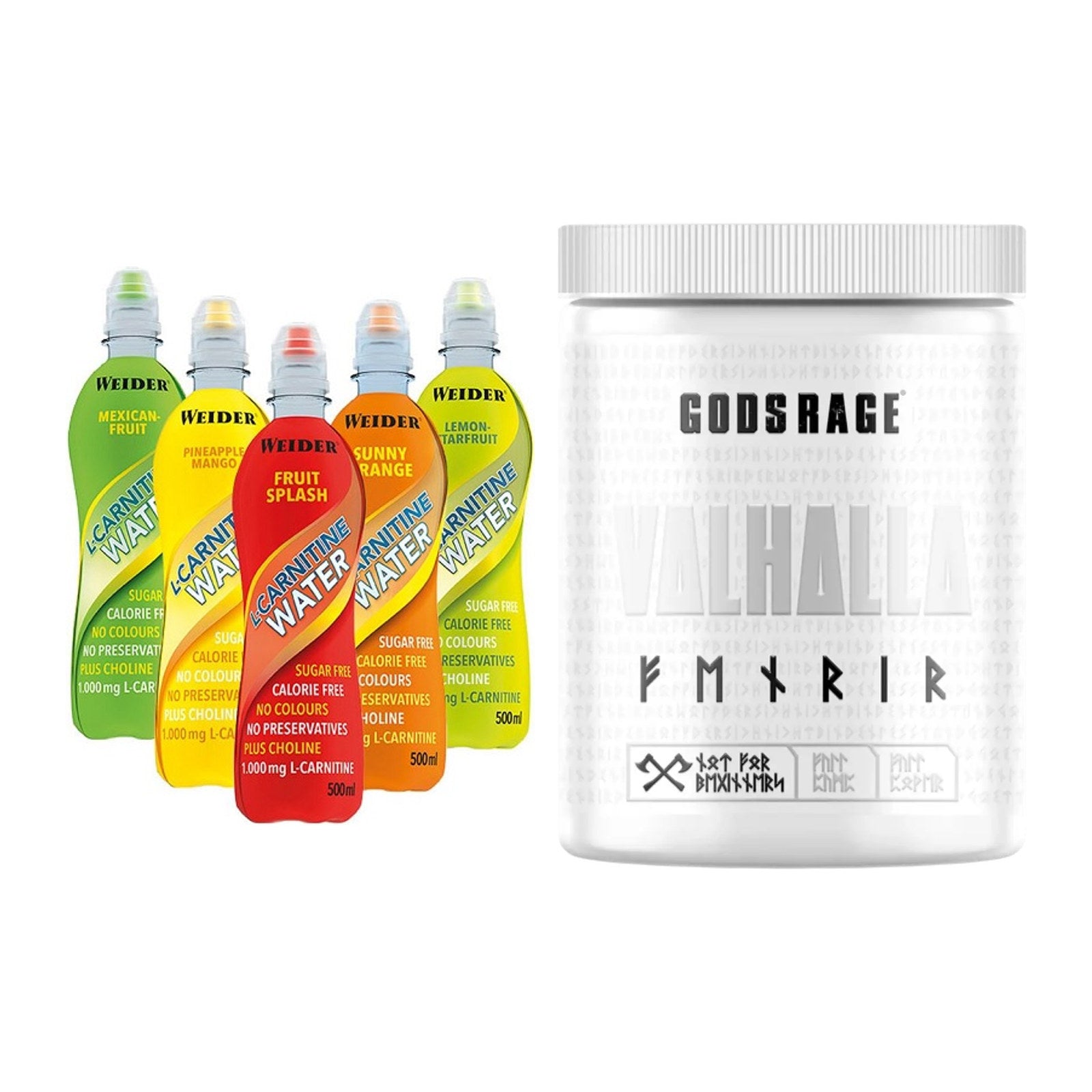 Cardio-Duo: Weider L-Carnitine WATER + GODSRAGE Valhalla Fenrir White – alle enthaltenen Artikel