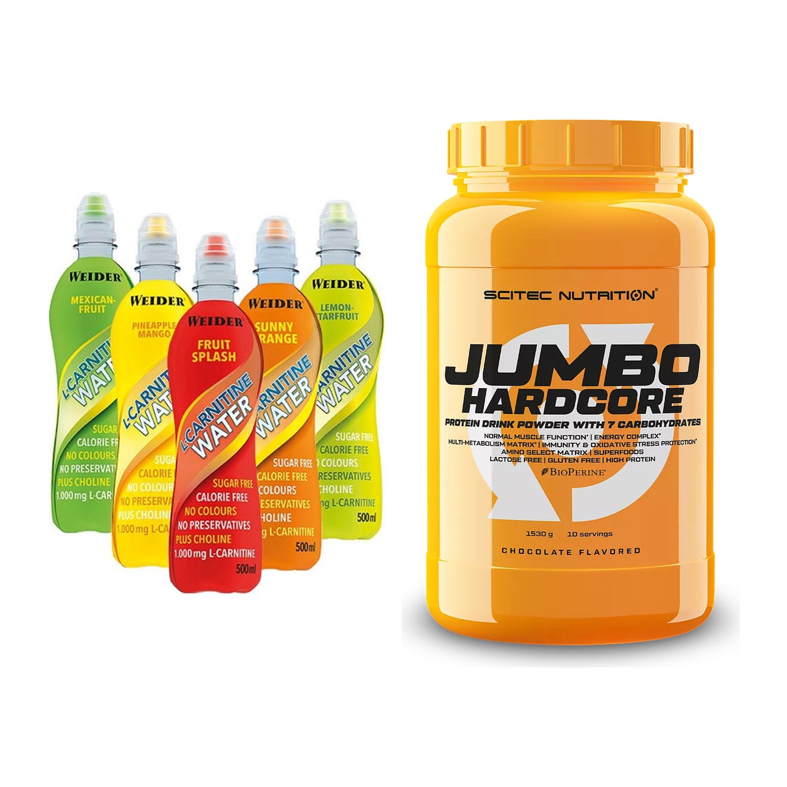 Cardio-Duo: Weider L-Carnitine WATER + Scitec Jumbo Hardcore1530g – alle enthaltenen Artikel