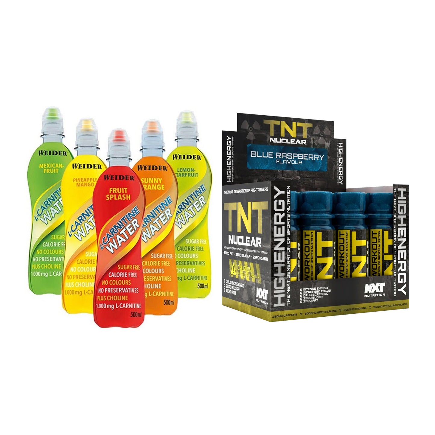 Cardio-Duo: Weider L-Carnitine WATER + NXT Nutrition TNT Nuclear Shots – alle enthaltenen Artikel