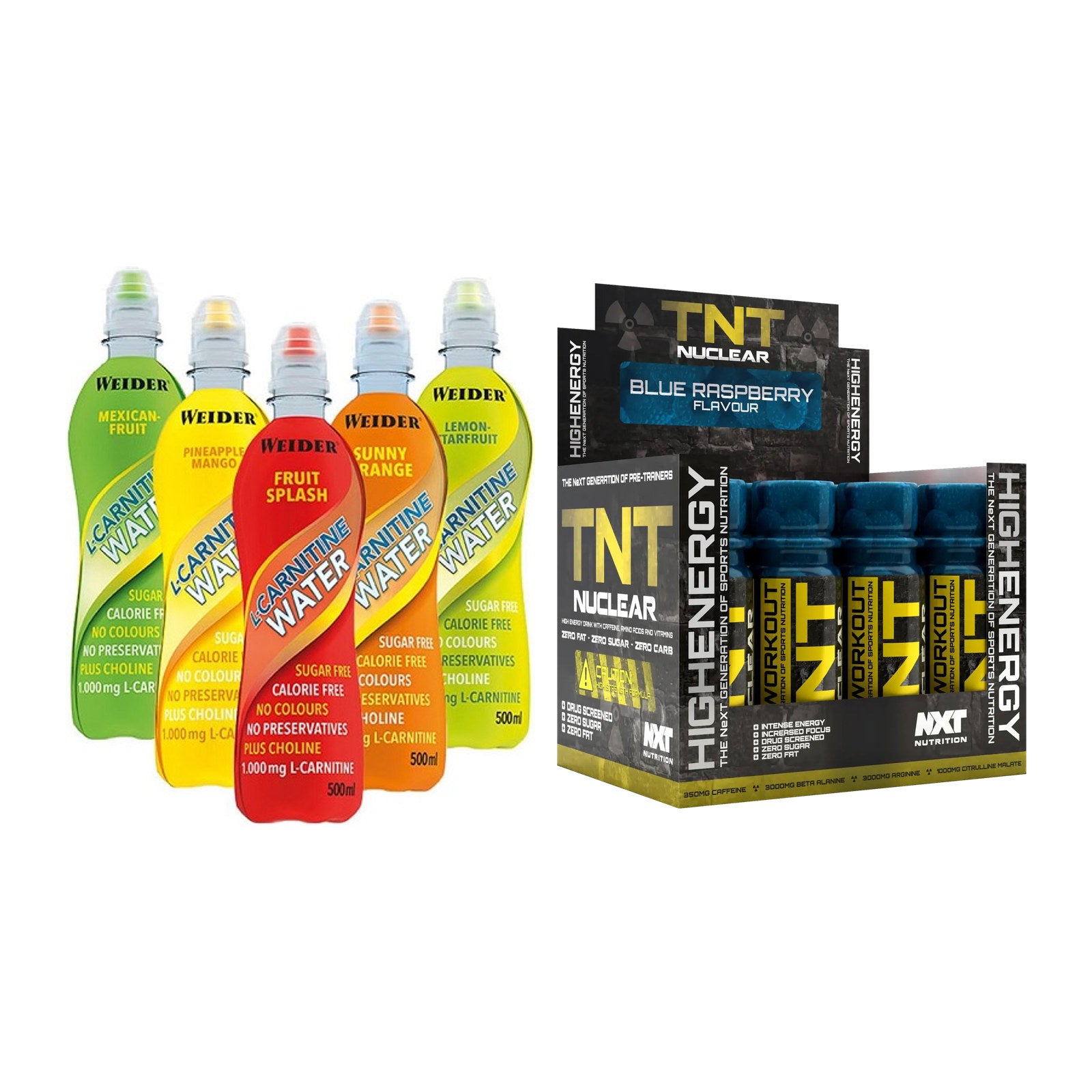 Cardio-Duo: Weider L-Carnitine WATER + NXT Nutrition TNT Nuclear Shots – alle enthaltenen Artikel