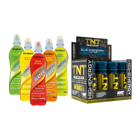Cardio-Duo: Weider L-Carnitine WATER + NXT Nutrition TNT Nuclear Shots – alle enthaltenen Artikel