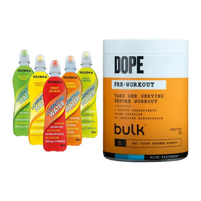 Cardio-Duo: Weider L-Carnitine WATER + Bulk Dope Pre-Workout 30 Serv. – alle enthaltenen Artikel