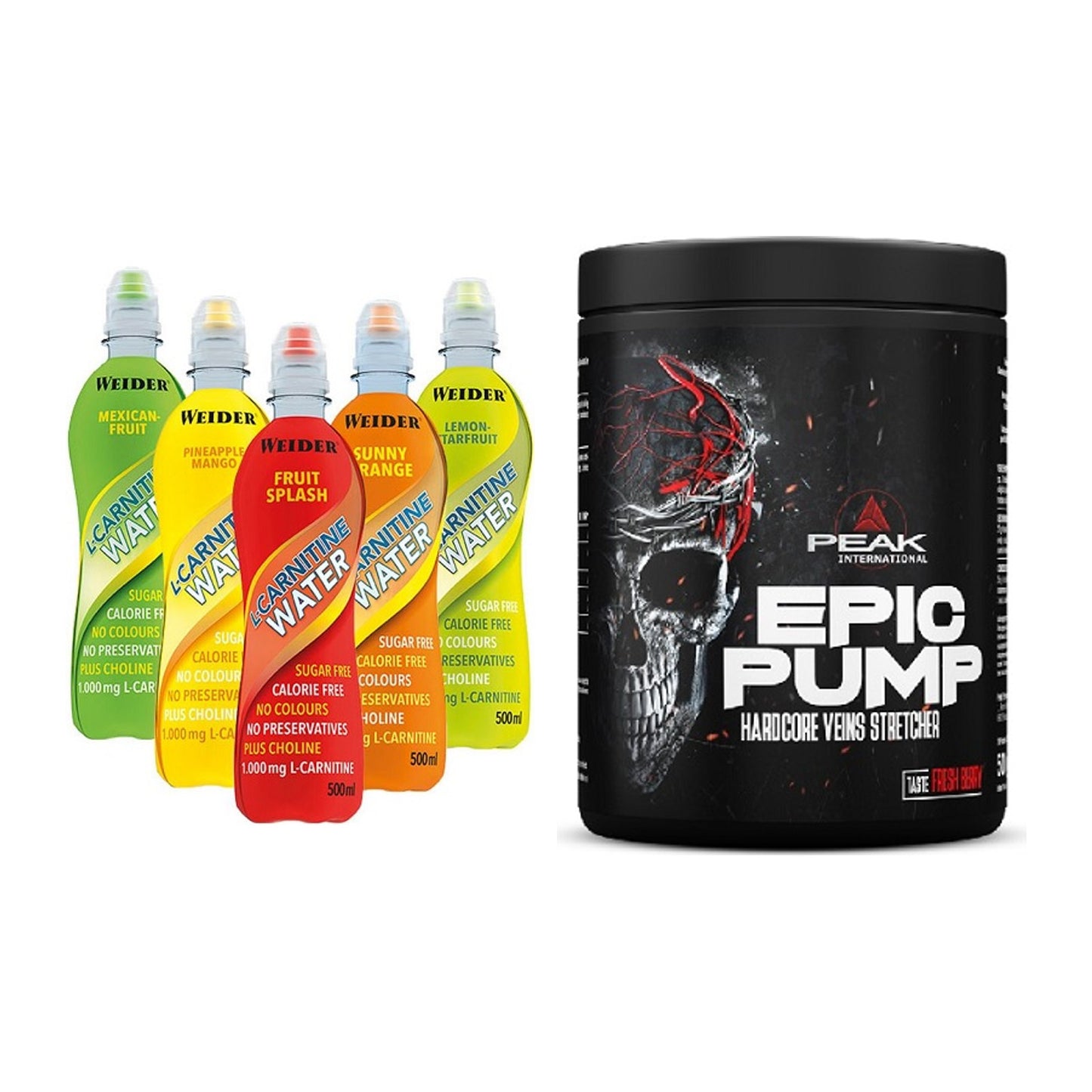 Cardio-Duo: Weider L-Carnitine WATER + Peak EPIC Pump – alle enthaltenen Artikel