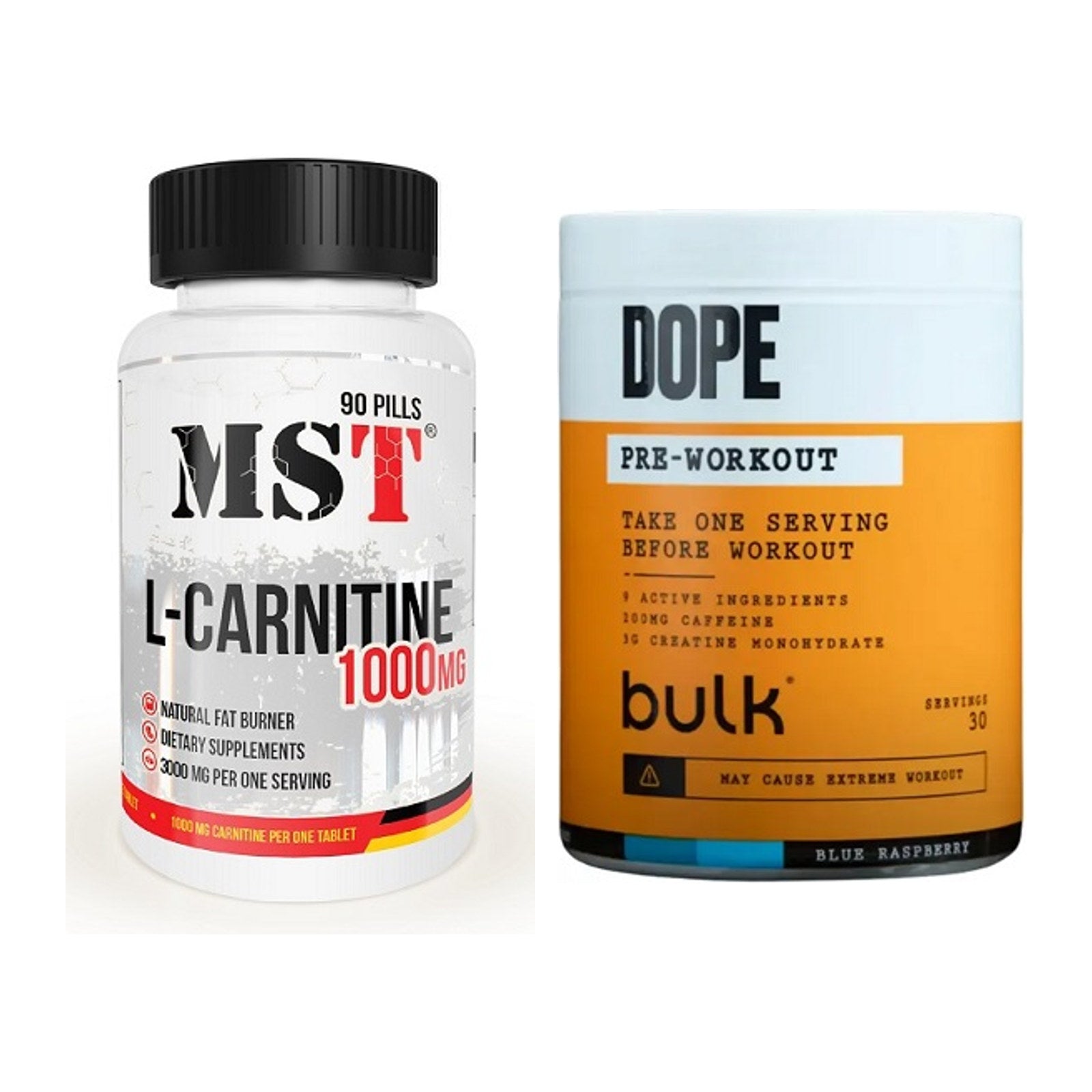 Cardio-Duo: MST L-Carnitine 1000 (90 + Bulk Dope Pre-Workout 30 – alle enthaltenen Artikel