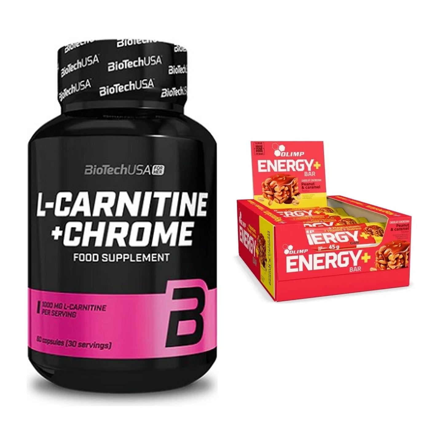 Cardio-Duo: BioTech L-Carnitine + Chrome + Olimp Energy+ Bar – alle enthaltenen Artikel