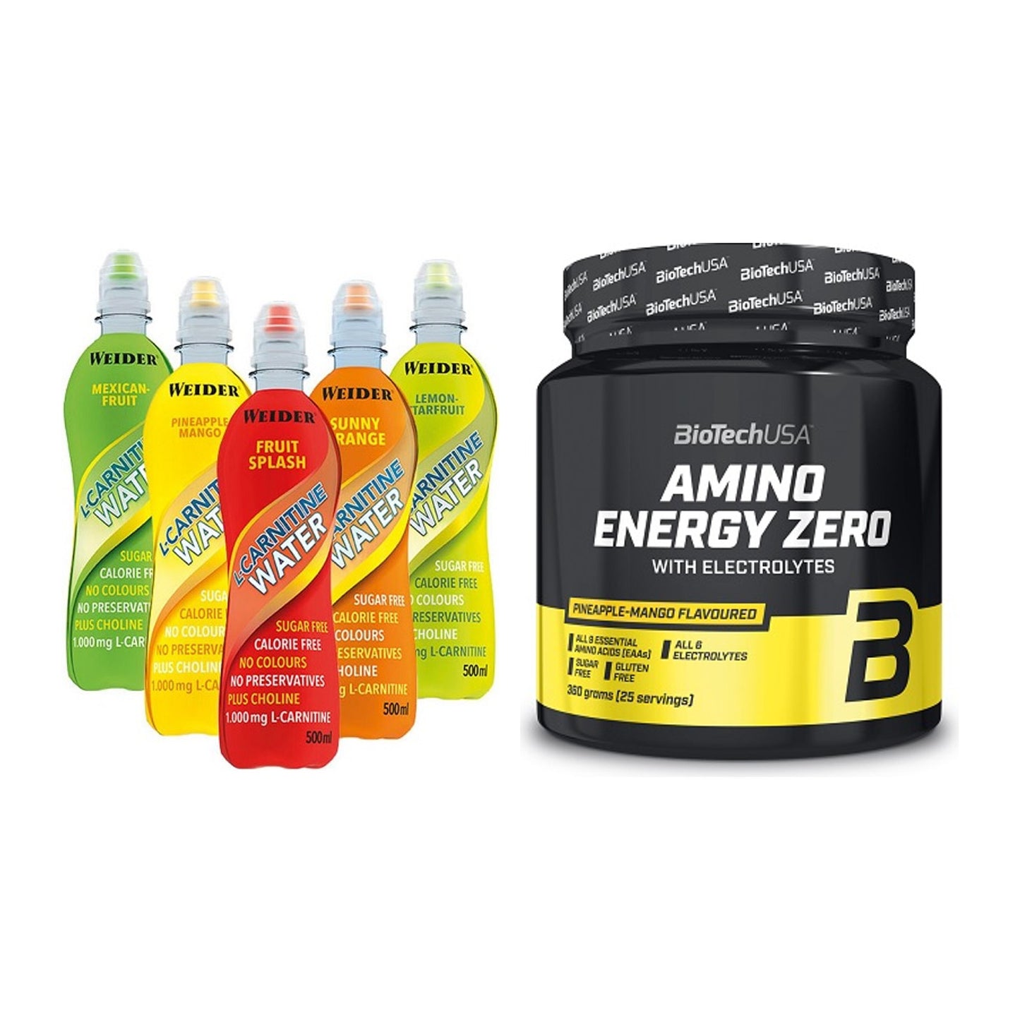 Cardio-Duo: Weider L-Carnitine WATER + BioTech Amino Energy Zero – alle enthaltenen Artikel