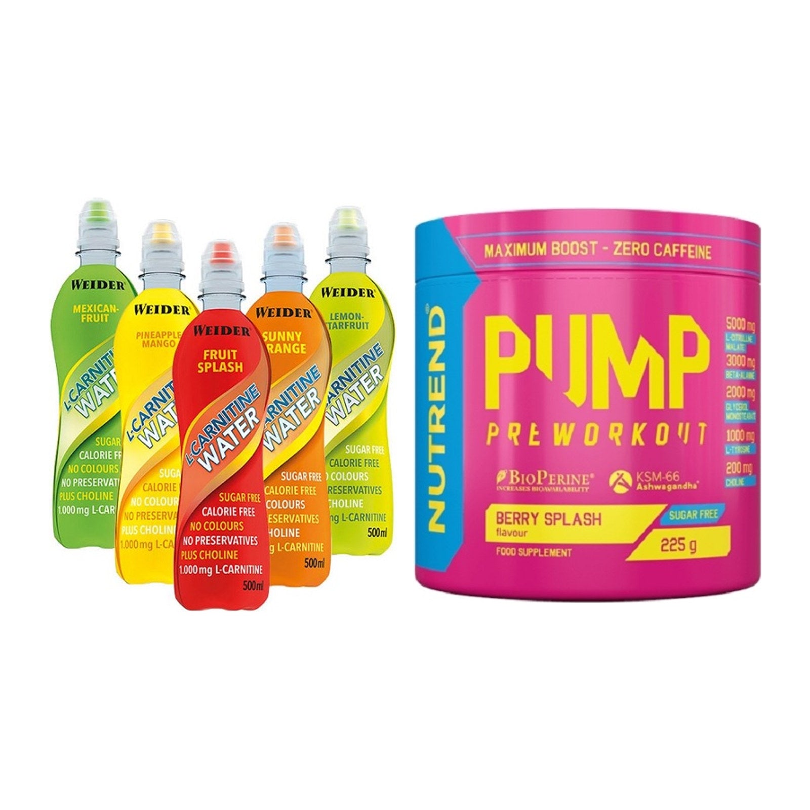 Cardio-Duo: Weider L-Carnitine WATER + Nutrend Pump – alle enthaltenen Artikel