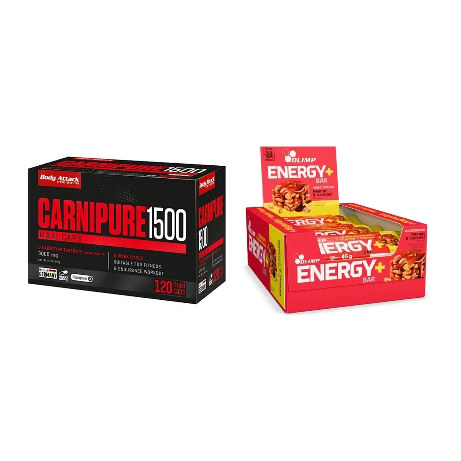 Cardio-Duo: Body Attack Carnipure 1500 + Olimp Energy+ Bar – alle enthaltenen Artikel