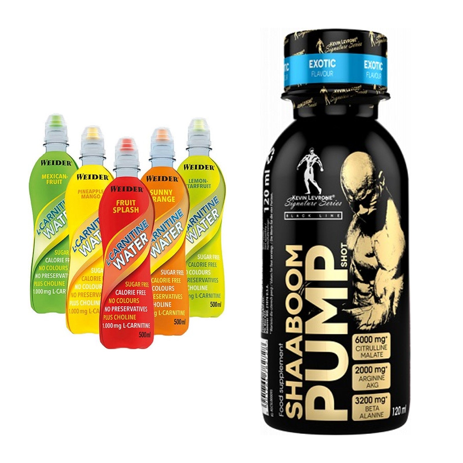 Cardio-Duo: Weider L-Carnitine WATER + Kevin Levrone Shaaboom Pump – alle enthaltenen Artikel