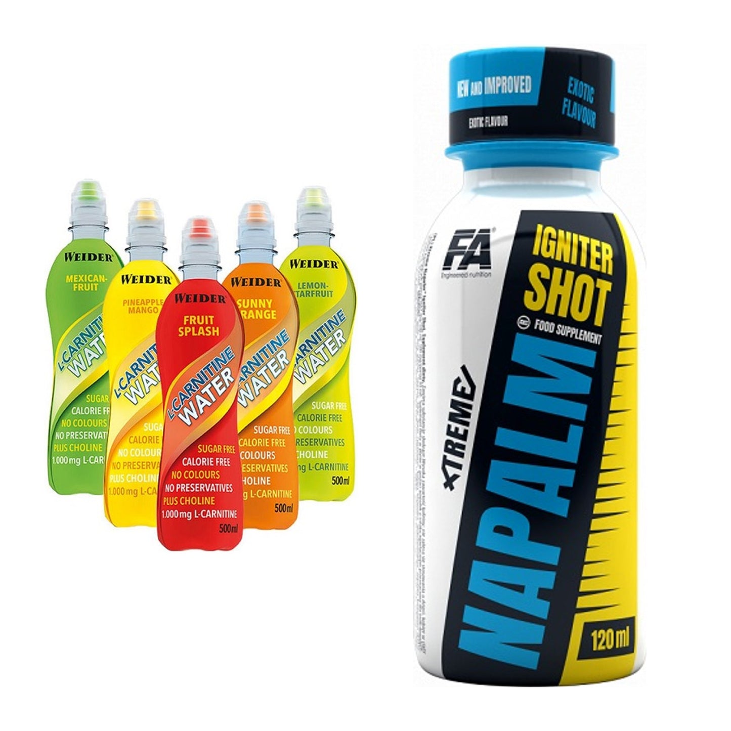 Cardio-Duo: Weider L-Carnitine WATER + FA Nutrition Xtreme Napalm – alle enthaltenen Artikel