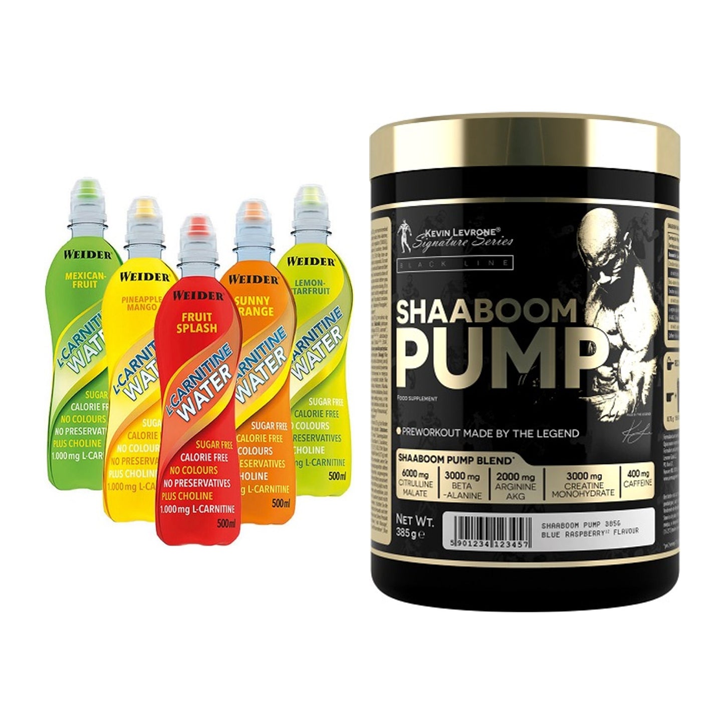 Cardio-Duo: Weider L-Carnitine WATER + Kevin Levrone Shaaboom Pump – alle enthaltenen Artikel