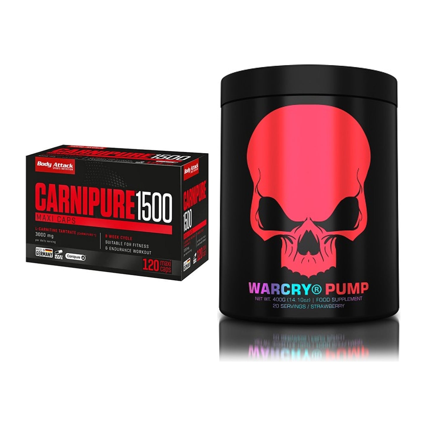 Cardio-Duo: Body Attack Carnipure 1500 + Genius Nutrition Warcry PUMP – alle enthaltenen Artikel