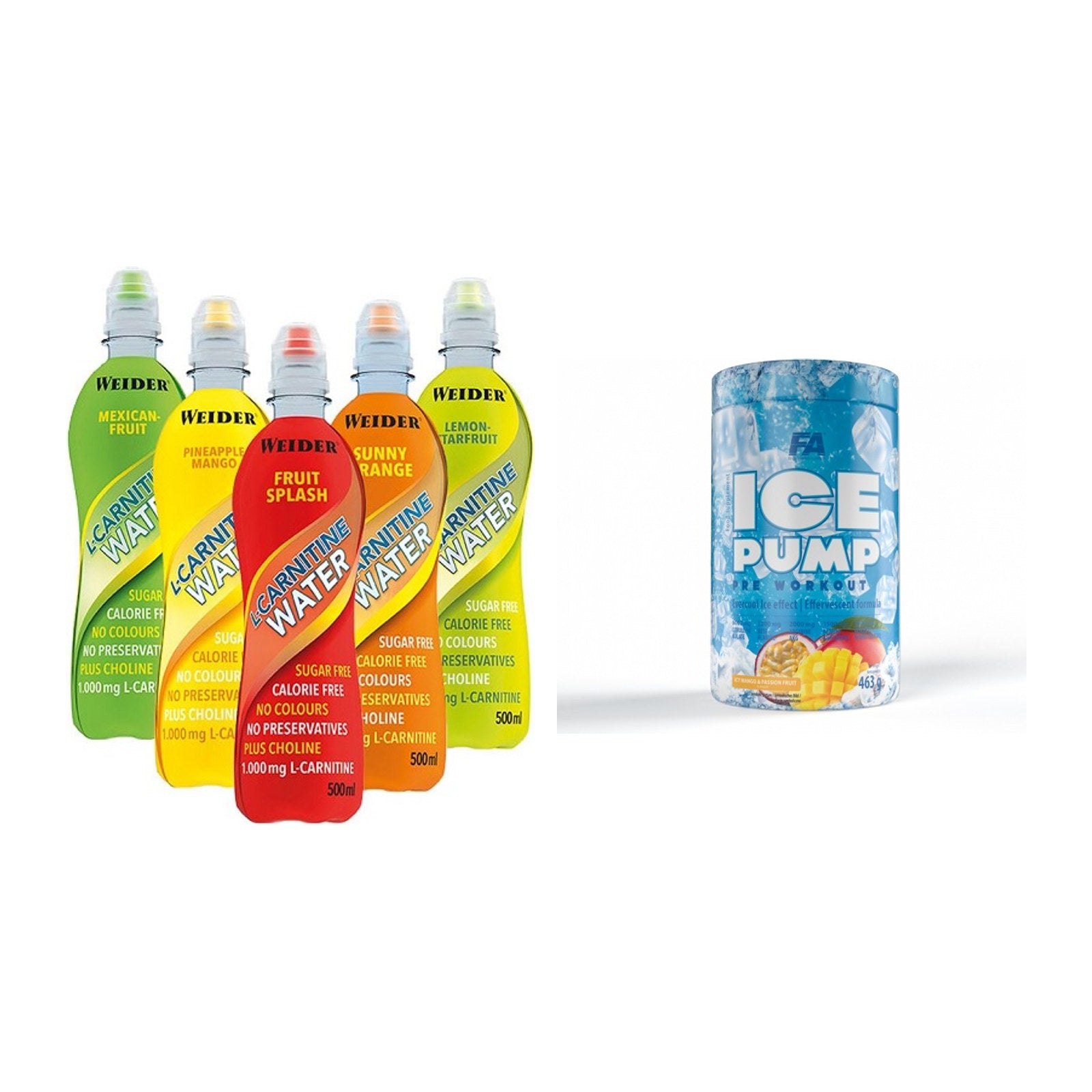 Cardio-Duo: Weider L-Carnitine WATER + FA Nutrition ICE Pump – alle enthaltenen Artikel