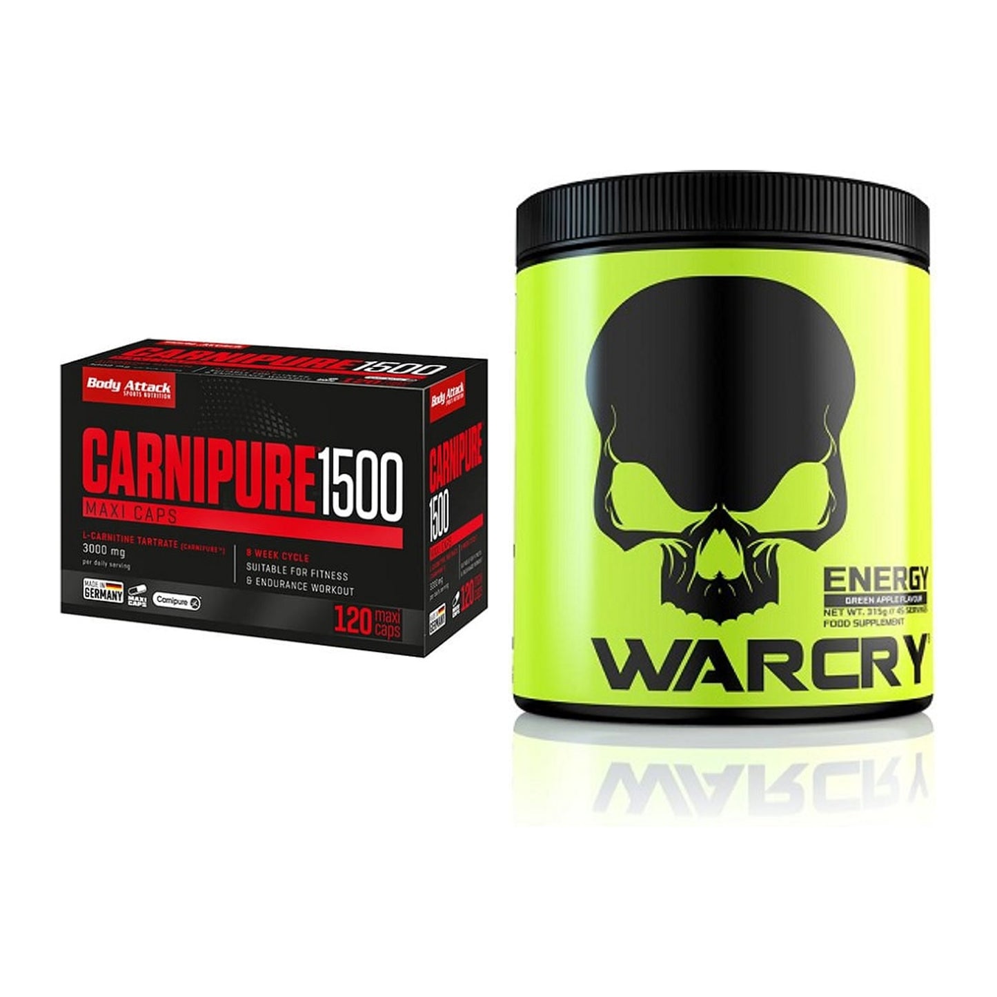 Cardio-Duo: Body Attack Carnipure 1500 + Genius Nutrition Warcry – alle enthaltenen Artikel