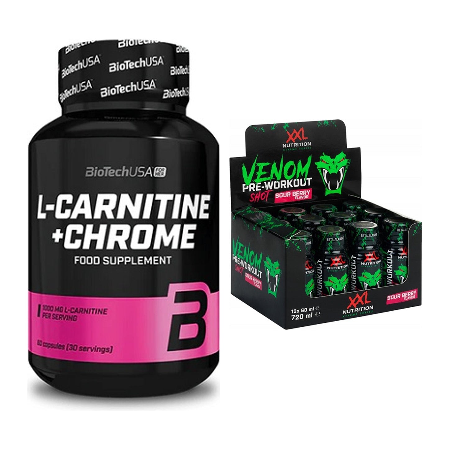 Cardio-Duo: BioTech L-Carnitine + Chrome + XXL Nutrition Venom Shot – alle enthaltenen Artikel