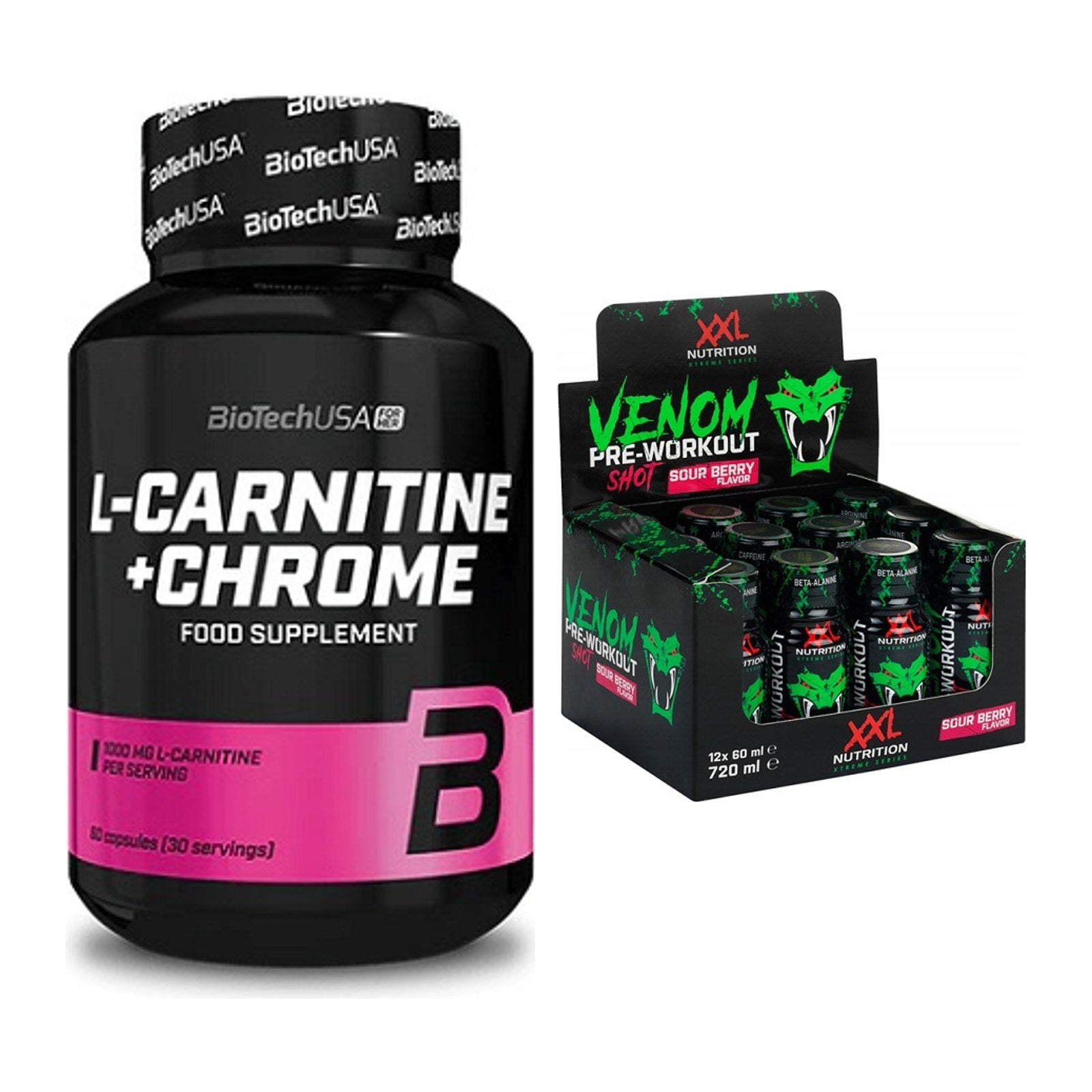 Cardio-Duo: BioTech L-Carnitine + Chrome + XXL Nutrition Venom Shot – alle enthaltenen Artikel