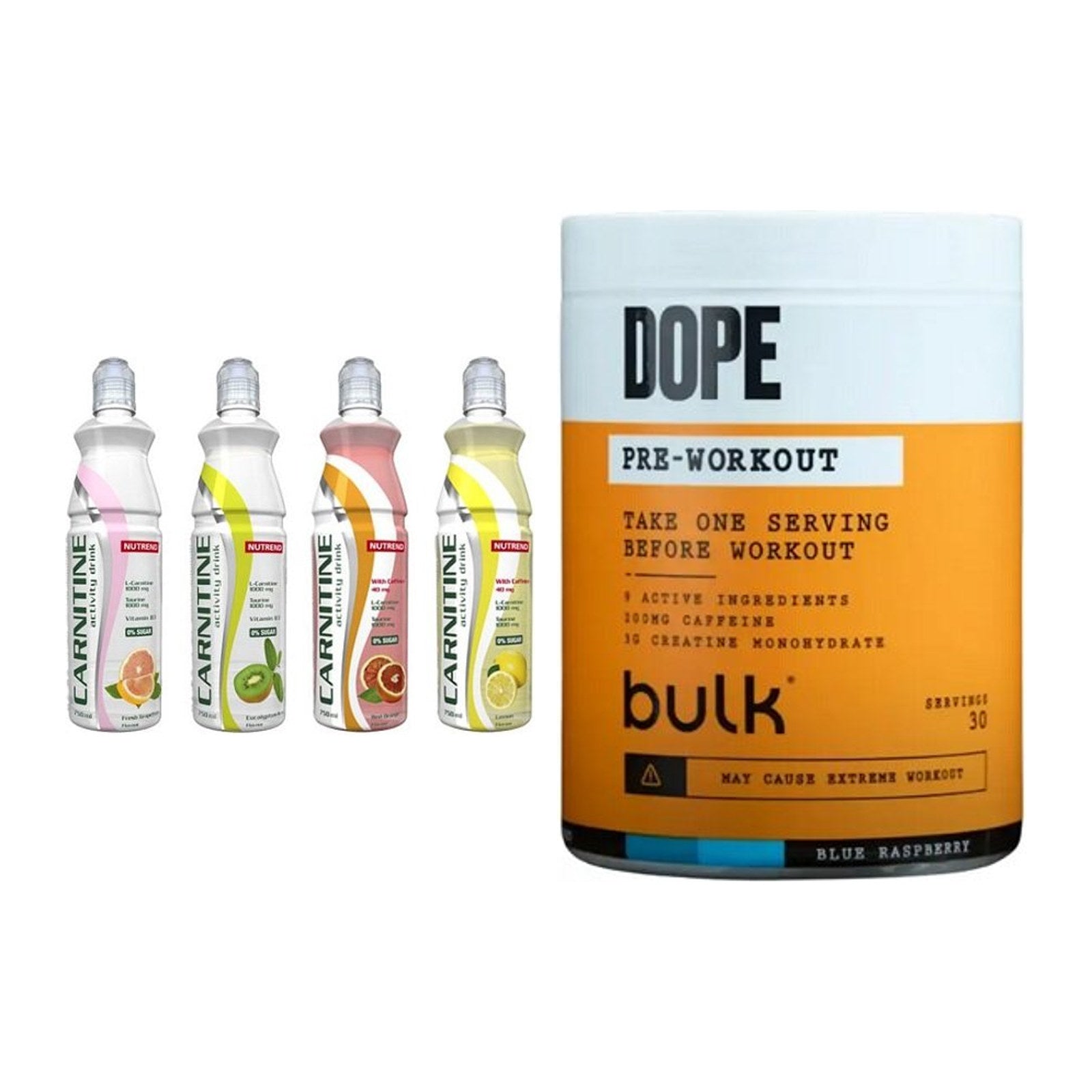 Cardio-Duo: Nutrend Activity + Bulk Dope Pre-Workout 30 – alle enthaltenen Artikel