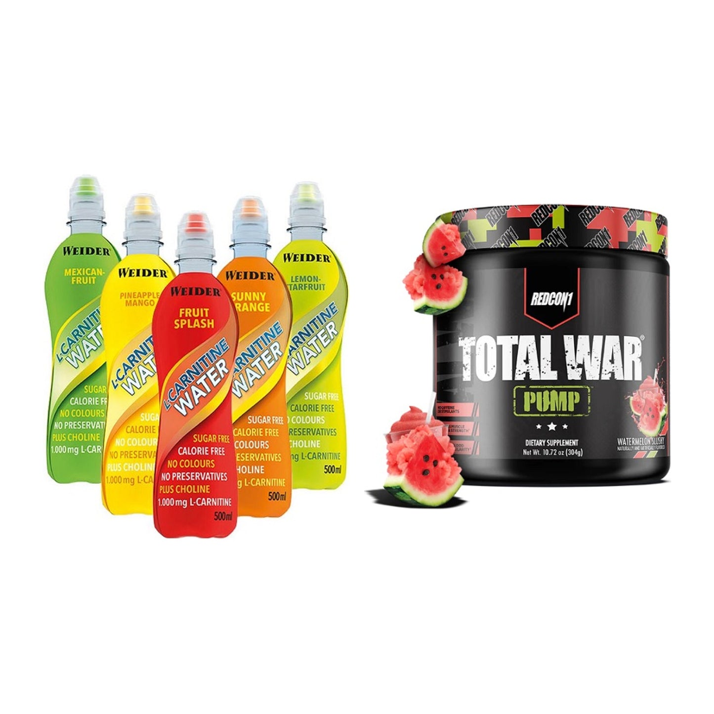 Cardio-Duo: Weider L-Carnitine WATER + Redcon1 Total War PUMP – alle enthaltenen Artikel