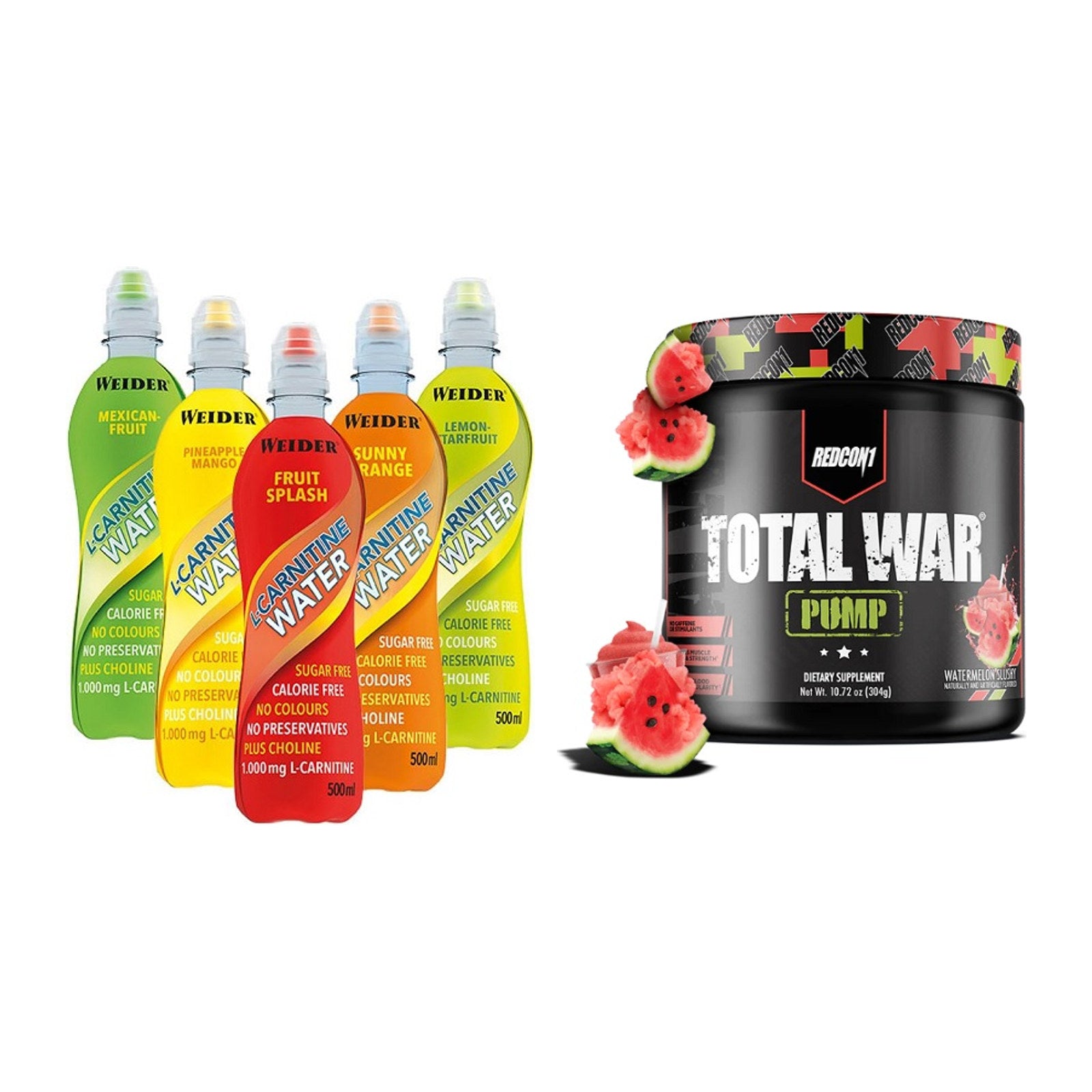 Cardio-Duo: Weider L-Carnitine WATER + Redcon1 Total War PUMP – alle enthaltenen Artikel