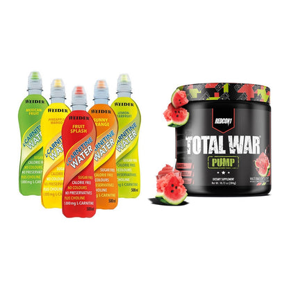 Cardio-Duo: Weider L-Carnitine WATER + Redcon1 Total War PUMP – alle enthaltenen Artikel