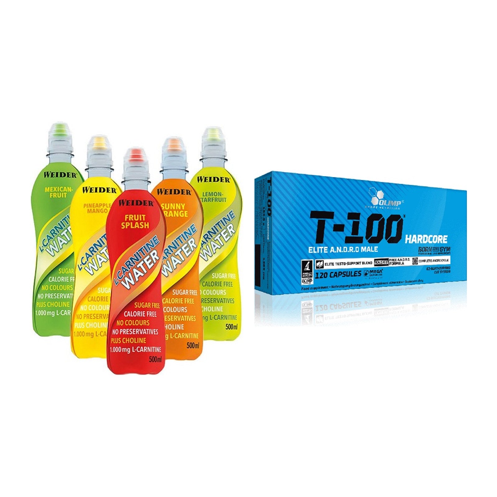 Cardio-Duo: Weider L-Carnitine WATER + Olimp T-100 Hardcore – alle enthaltenen Artikel