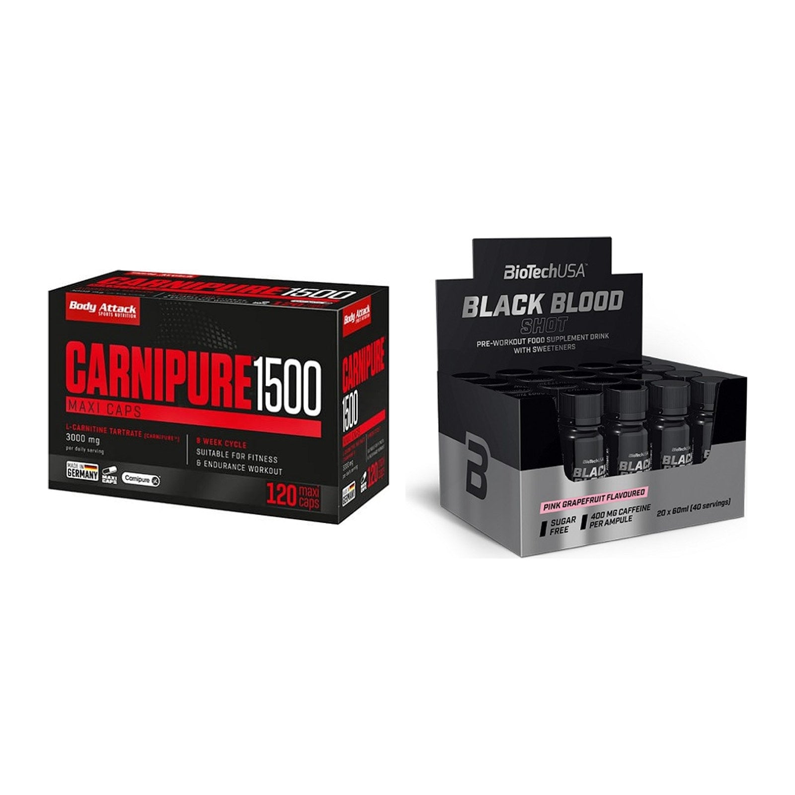 Cardio-Duo: Body Attack Carnipure 1500 + BioTech Black Blood Shot – alle enthaltenen Artikel