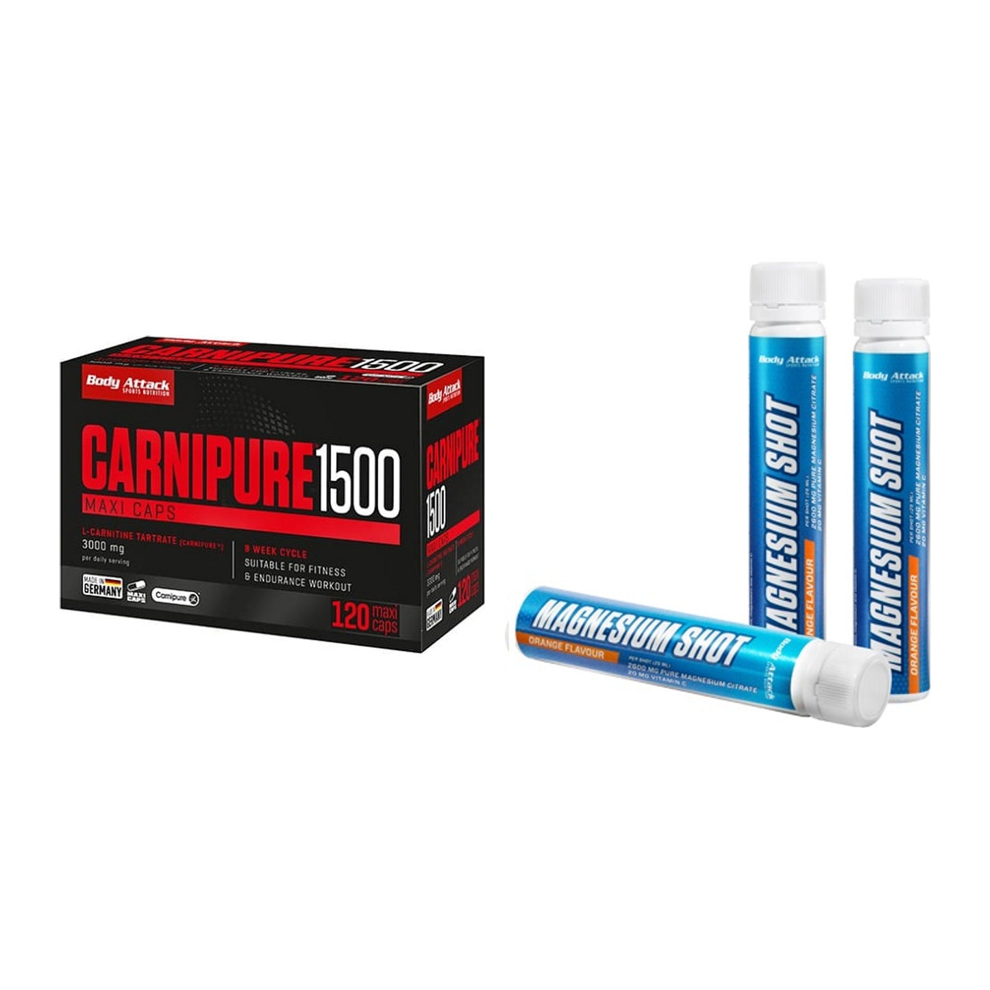 Cardio-Duo: Body Attack Carnipure 1500 + Body Attack Magnesium Shots – alle enthaltenen Artikel