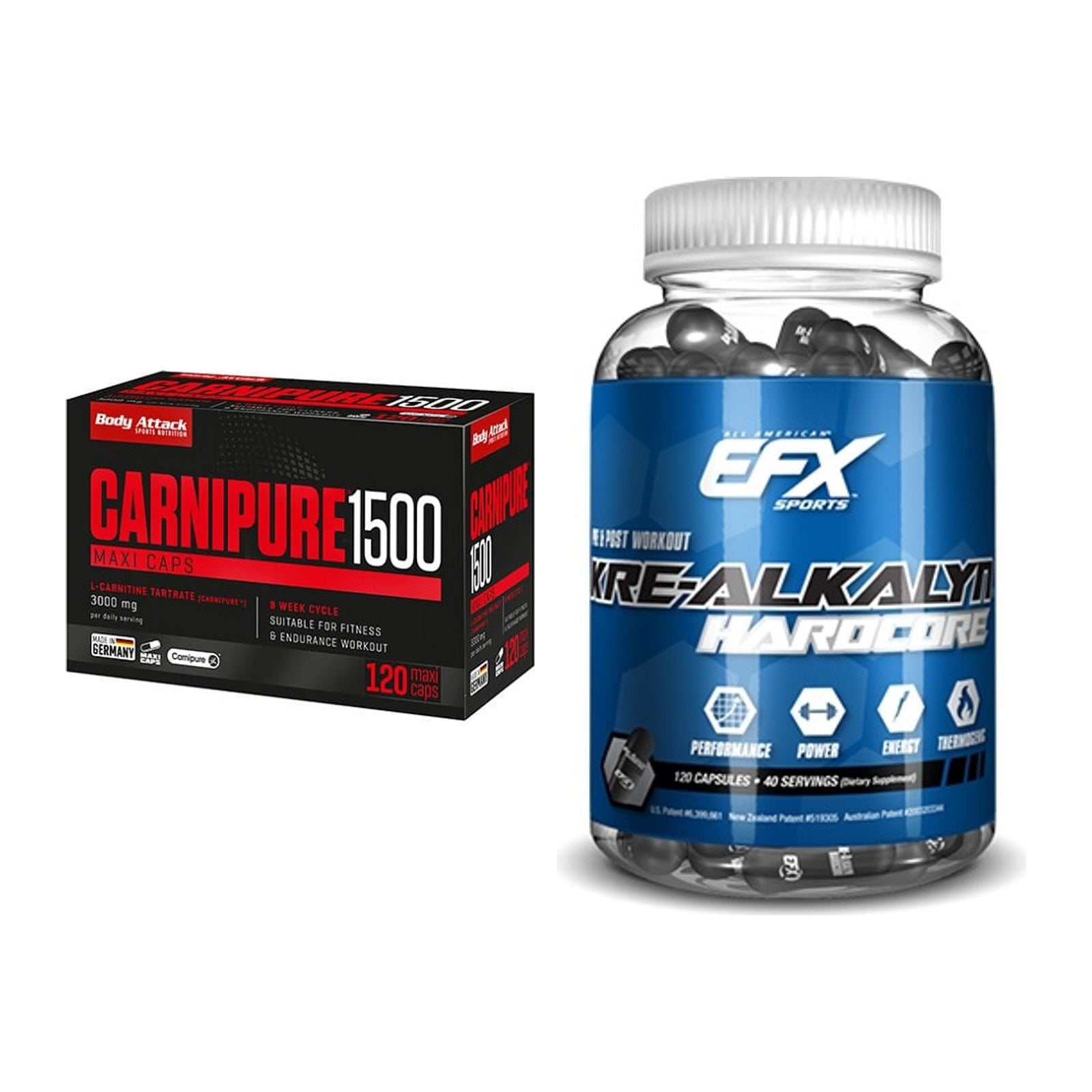 Cardio-Duo: Body Attack Carnipure 1500 + EFX Kre-Alkalyn Hardcore – alle enthaltenen Artikel